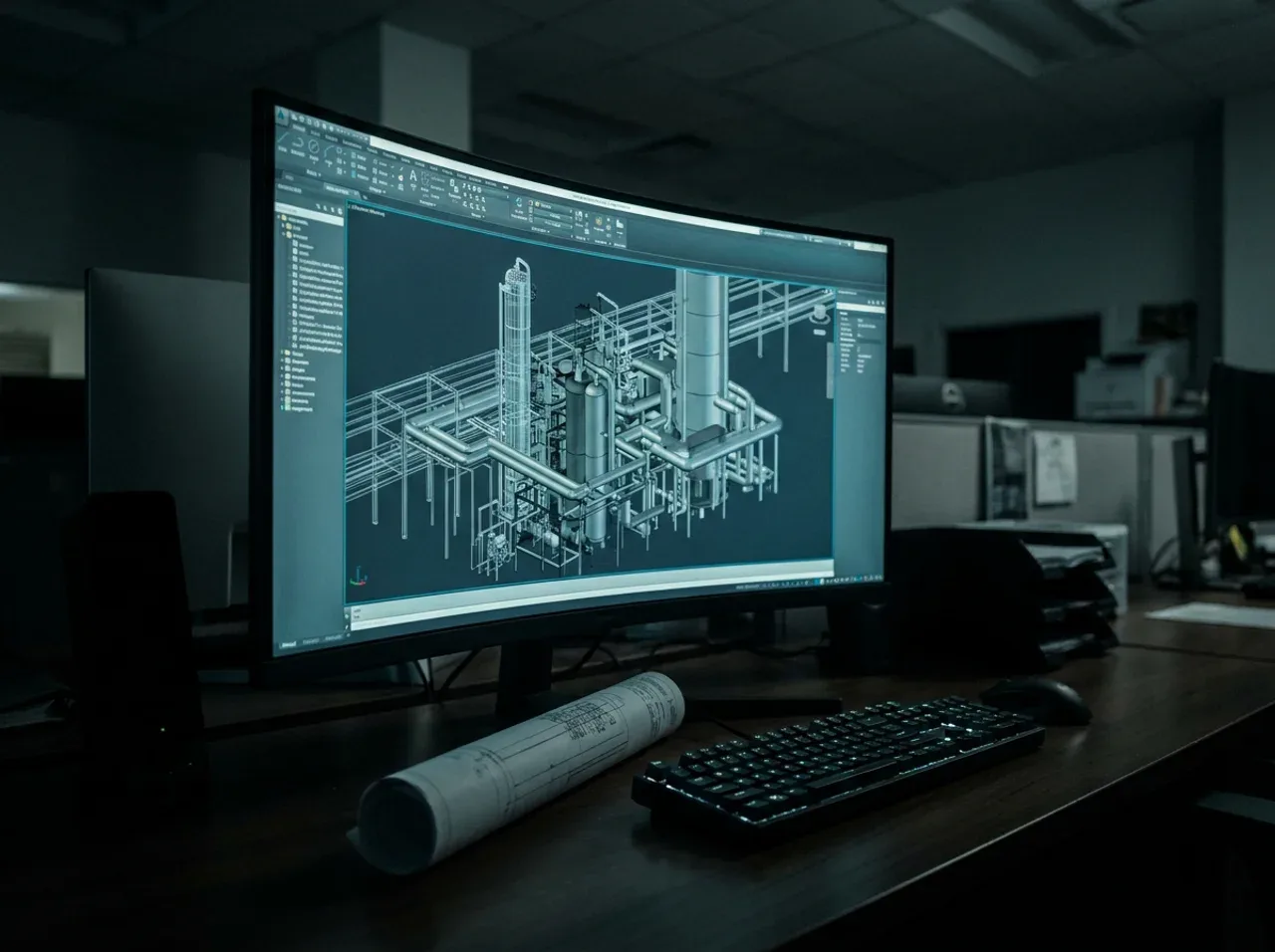 3D-Anlagenmodell einer Prozessanlage auf einem Engineering-Arbeitsplatz